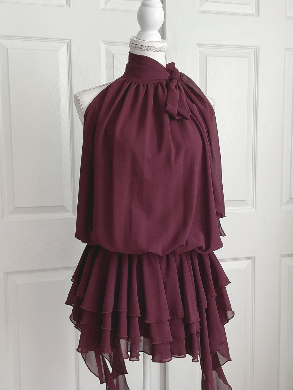 Burgundy sheer ruffle tiered mini dress with scarf